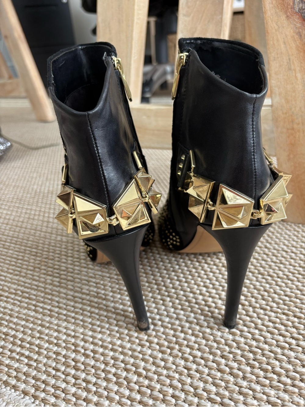 Sam Edelman Black Studded Pointed-Toe Ankle Booties with Gold Accents - Picture 4 of 11
